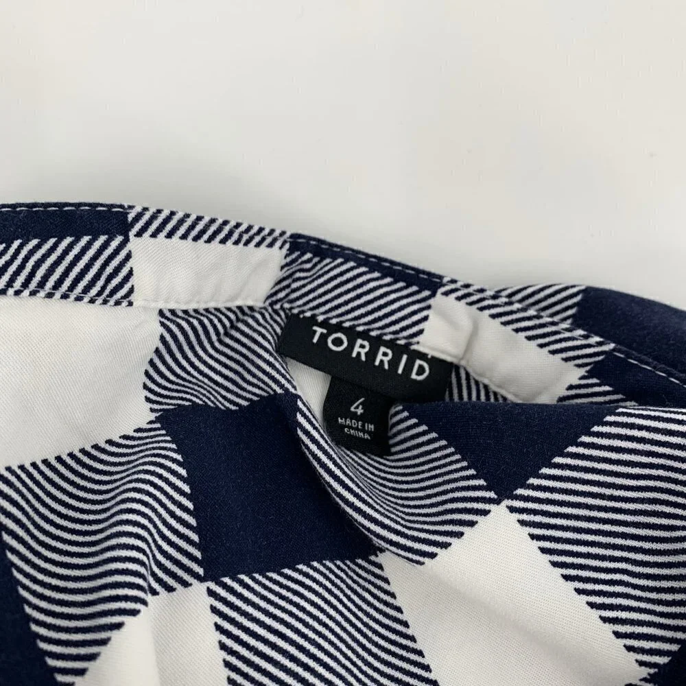 Torrid Mini Challis Zip-Front Shirt Dress navy blue white check plaid 4X 26 - Picture 5 of 5